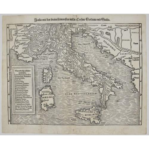 Old map image download for Italia mit den Dreien Furnemsten Inseln Corsica / Sardinia und Sicilia.