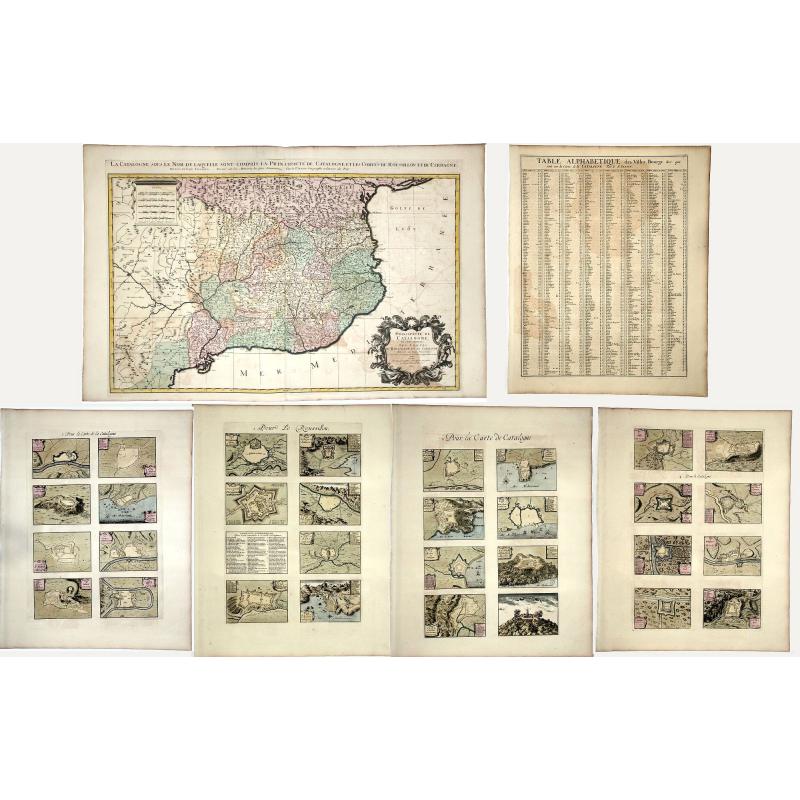[6 sheets] Principaute De Catalogne. Ou sont compris Les Comtes de Roussillon et de Cerdagne divises en leurs Vigueries (Map and 5 sheets, with 32 additional Catalan Cities Plans and Table of Names,rare complete set in first edition!)