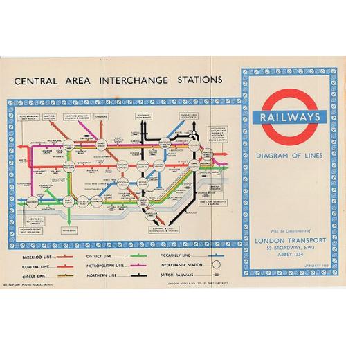 Old map image download for 1953 Harry Beck London Underground map.
