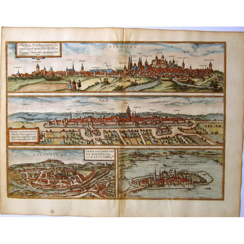 Nurnberga Florentissimum Germaniae Emporium . . [on sheet with] Ulma Imperialis in Suevia [and] Saltzburg Urbis Salisburgensis Genvina Descriptio [and] Lindaw. . .