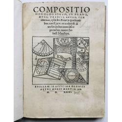 Compositio horologiorum, in plano, muro, truncis, anulo, con concavo, cylindro & variis quadrantibus, cum signorum zodiaci & diversarum horarum inscriptionibus.