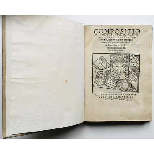 Old map image download for Compositio horologiorum, in plano, muro, truncis, anulo, con concavo, cylindro & variis quadrantibus, cum signorum zodiaci & diversarum horarum inscriptionibus.
