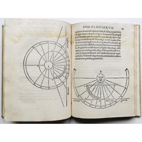 Old map image download for Compositio horologiorum, in plano, muro, truncis, anulo, con concavo, cylindro & variis quadrantibus, cum signorum zodiaci & diversarum horarum inscriptionibus.