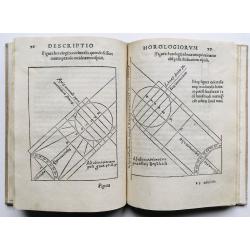 Compositio horologiorum, in plano, muro, truncis, anulo, con concavo, cylindro & variis quadrantibus, cum signorum zodiaci & diversarum horarum inscriptionibus.