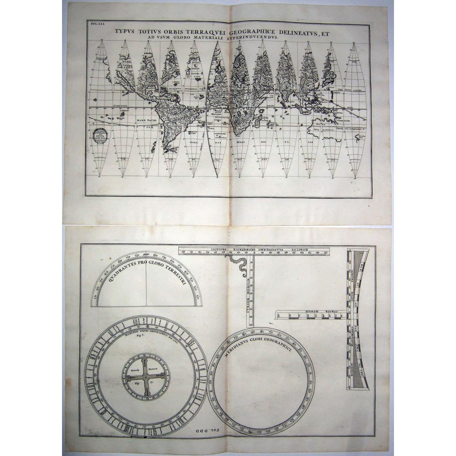 Globus geographicus novus anno 1700 construct. monachii / Typus totius orbis terraquei geographice delineatus, et ad usum globo materiali superinducendus [2 sheets].