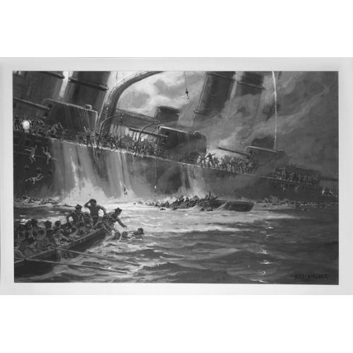 Old map image download for World War I maritime submarine warfare. The sinking of the French cruiser LEON GAMBETTA. Signed by artist ALEX KIRCHER,