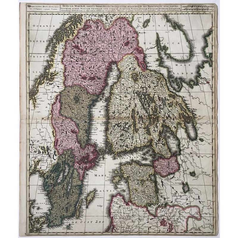 Sueciae Magnae, totius Orbis Regni antiquissimi, hodierna in sex Principales suas partes, Gothiam nempe, Sueciam propriam sive strictae Sumptam, Nordlandiam, Ingriam, Livoniam', and impressum...