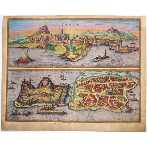 Old map image download for Corfu & Iraklion,Crete - CANDIA ,LA CITA DE CORPHU.