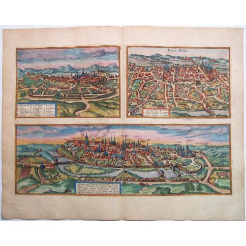Old map image download for Montpellier,Tours,Poitiers. - Monsiessulanus [on sheet with] Turo [and] Pictavis, sive Pictavia, Vernaculo Idiomate...