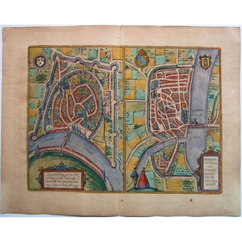 Grenoble & Romans-sur-Isère. - Gratianopolis Acusianoru Colonia, ... [on sheet with] Romans Delfinatus vulgo Daufine in Gallia Oppidu.