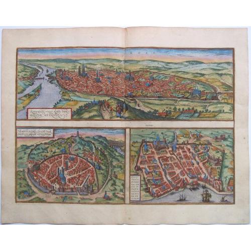 Rouen, Nîmes, Bordeaux. - Rotomagus, vulgo Roan, Normandiae Metropolis [on sheet with] Nemavsus, Nismes, Civitas Narbonensie Galliae Vetustissima [and] Civitas Burdegalensis in Aquitanea, Genuina Descrip.
