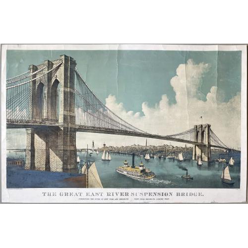 Old map image download for The great East River Suspension Bridge. Connecting the Cities of New York and Brooklyn. View from Brooklyn, looking West