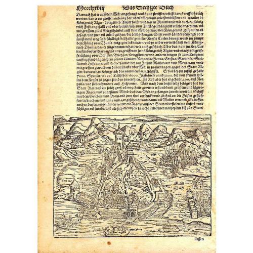 Old map image download for View of Algiers from Munster's Cosmographia, with portrait of the Ottoman pirate Barbarossa