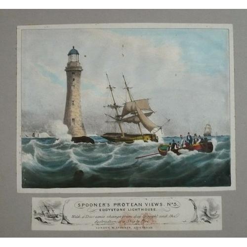 Old map image download for colored lithographic dioramic print of a shipwreck beside the Eddystone Lighthouse, United Kingdom.