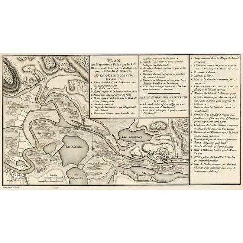 Old map image download for Plan des Expéditions faites par le Gal. Weissman de l\'autre côté du Danube contre Tultschi & Isaktschi. Attaque de Tultschi le 4 Avril 1771