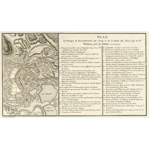 Old map image download for Plan de l\'Attaque du Retranchement, du Camp, et de la Flotte des Turcs par le Gal. Weisman, près de Tultschi, le 30 Juin 1771
