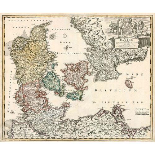 Old map image download for Regni Daniae in quo funt ducatus holsatia et slesvicum insulae danicae provinciae Iutia scania blekingia nova tabula