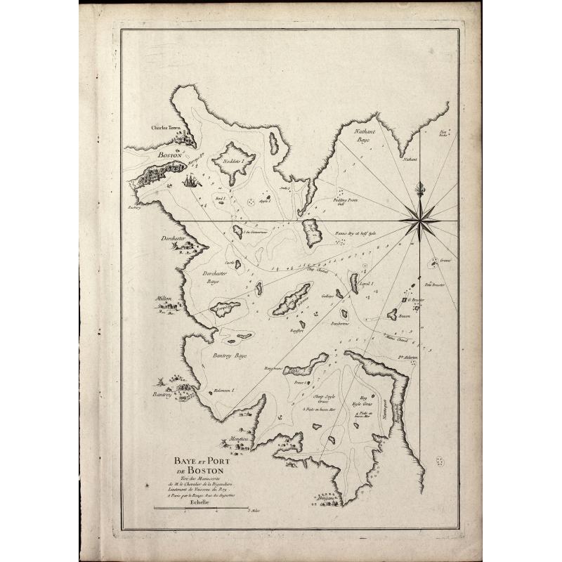 Baye et Port de Boston. Tire des Manuscrits de M. le Chevalier de la Rigaudiere Lieutenant de Vaissau du Roy . A Paris par le Rouge. Rue des Augustins