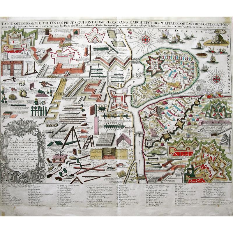 CARTE QUI REPRESENTE TOUTES LES PIECES QUI SONT COMPRISE DANS L'ARCHITECTURE MILITAIRE OU L'ART DES FORTIFICATIONS...