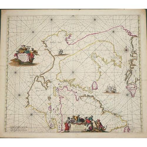 Septemtrionaliora Americae a Groenlandia, per Freta Davidis, et Hudson, ad Terram Novam - De Noordelyckste Zee kusten van America van Groenland door de Straet Davis ende Straet Hudson tot Terra Neuf