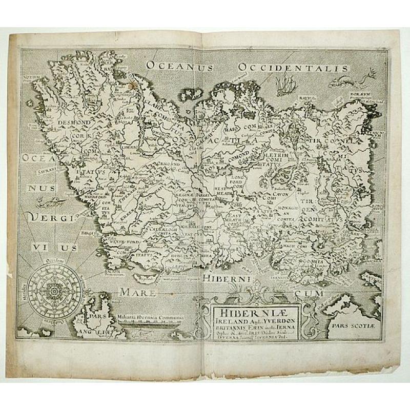 Hiberniae Ireland Anglis Yuerdon Britannis Erin incolis Ierna Orpheo & Arist. Iris Diodoro Siculo Juverna Juvenali Joyernia Ptol.Christopher Saxton & William Hole