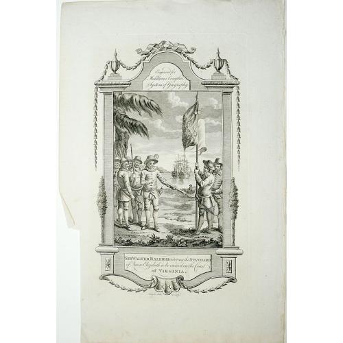 Rare, antique map of Sir Walter Raleigh ordering the standard of Queen Elizabeth to be erected on the coast of Virginia, 1584.