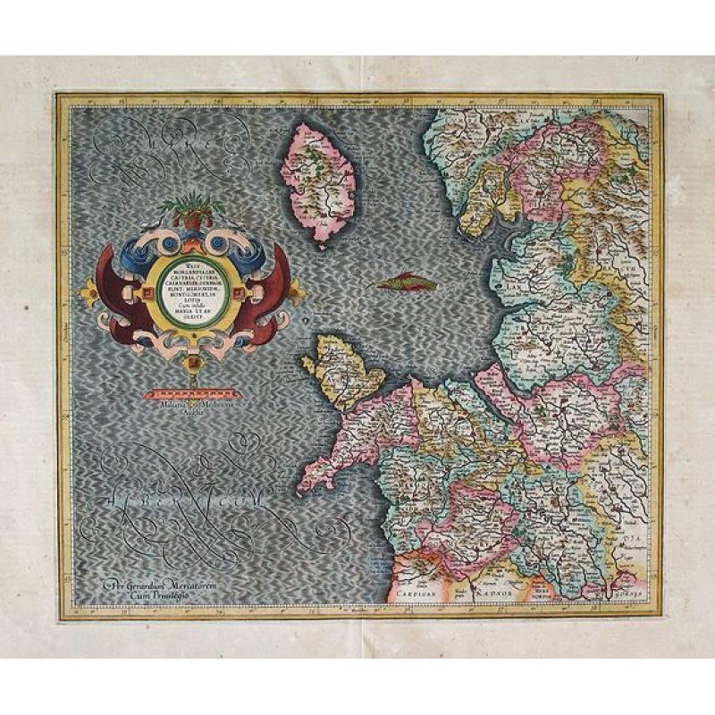 WEST MORLANDIA, LANCASTRIA, CESTRIA, CAERNARVAN, DENBIGH, FLINT, MERIONIDH, MONTGOMERY, SALOPIA Cum insulis MANIA ET ANGLESEY, Per Gerardum Mercatorem.