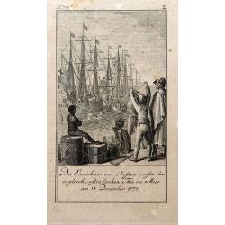 (BOSTON TEA PARTY) Die Einwohner von Boston werfen den englisch-ostindischen Thee ins Meer am 18 December 1773