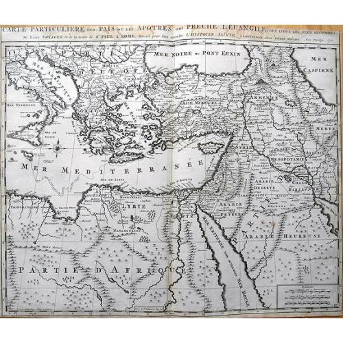 Old map image download for Carte Particuliere des Pais ou Les Apotres ont Preche l'Euan Gile; des Lieux les Plus Renommez de Leurs Voyages, et de la Route de St. Paul a Rome.