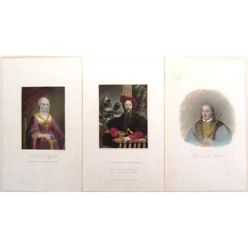 Old map image download for 3 Portraits of Christopher Columbus, Queen Isabella and King Ferdinand.
