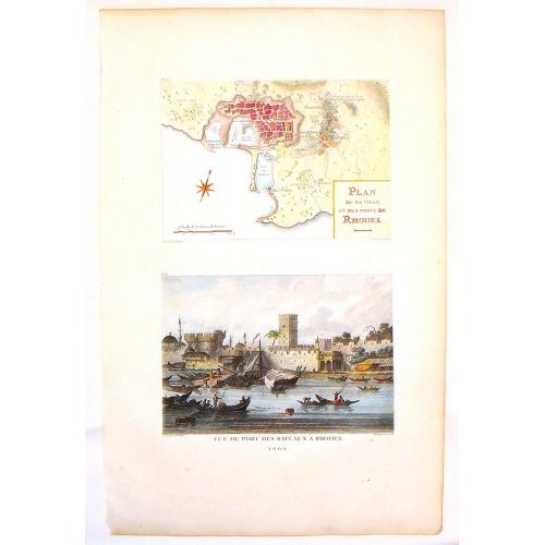 Old map image download for Plan de la ville et des Ports de Rhodes & Vue du Port des Bateaux a Rhodes.