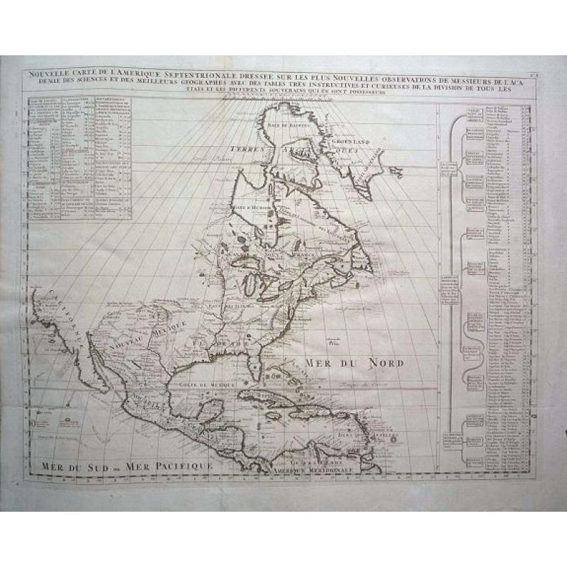 Nouvelle Carte de l\' Amerique Septentrionale dressee sur les plus Nouvelles Observations de Messieurs de l\' Academie des Sciences et des Meilleurs Geographes avec des tables tres instructives et curieuses de la division de tous les Etats. 
