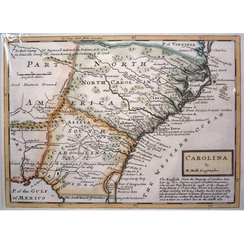 Old map image download for Carolina By H. Moll, Geographer.