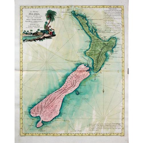 Old map image download for La Nuova Zelanda trascorsa nel 1769, e 1770 dal Cook Comandante dell'Endeavour..