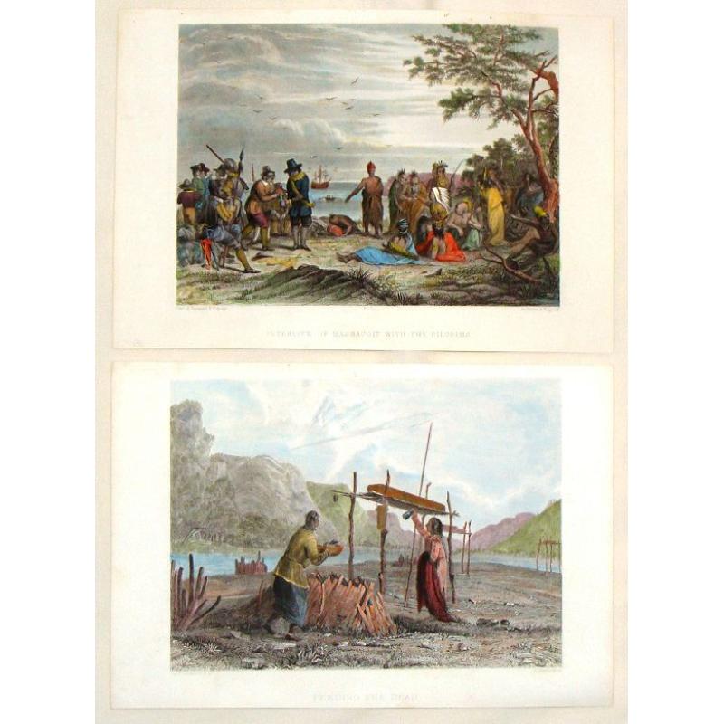 (2 Engravings) Interview of Massacoit with the Pilgrims and Feeding the Dead.