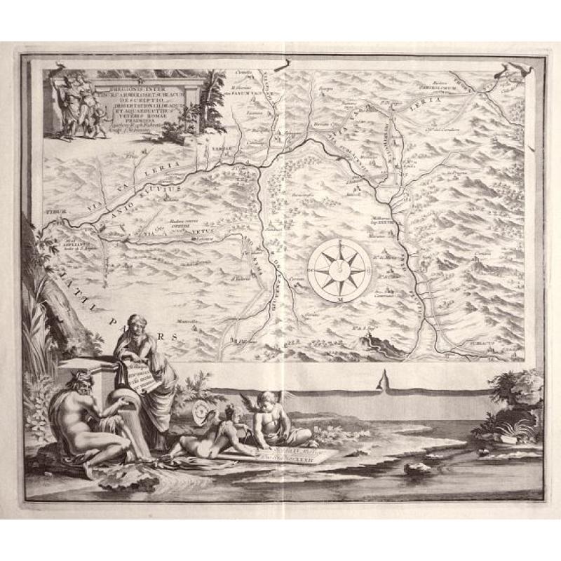 REGION IS INTER TIBUR, CARSEOLOS. ET. SUBLACUM DESCRIPTIO DISSERTATIONI. DE AQUIS ET. AQUAAEDUCTIBUS VETERIS ROMAE PRAEMISSA authore Raph Fabretto Gasp f, Urbinate\'.by Jan van Vianen