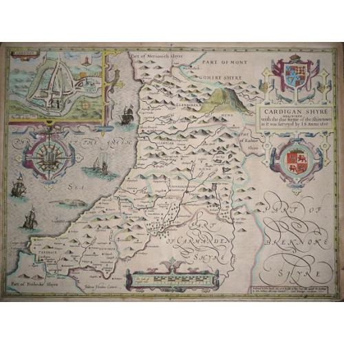 Old map image download for Cardigan Shyre Described With The Due Forme Of The Shyretown as it was surveyed by J.S. Anno 1610.