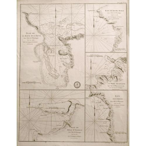 Old map image download for Plan de la Baye de l'Acul; Baye de Dame-Marie; Le Port François; Plan du Môle St. Nicolas; Baye des Irois