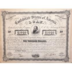A Confederate States of America 1000 Dollar Loan Bond February 20th 1863.
