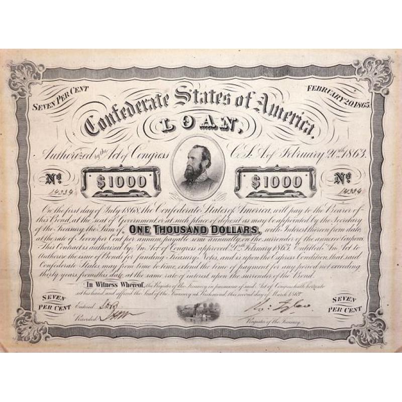 A Confederate States of America 1000 Dollar Loan Bond February 20th 1863.