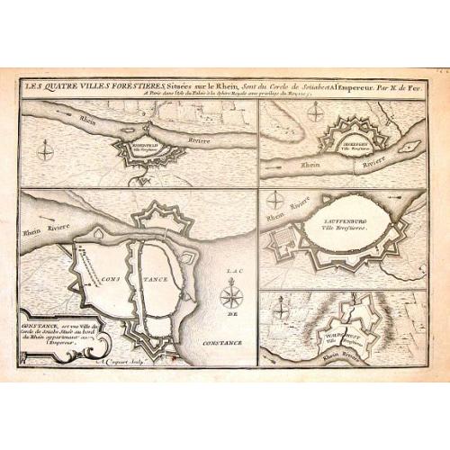 Old map image download for Les Quatre Villes Forestieres, Situees Sur le Rhein, Sent du Cercle de Souabe et a l'Empereur. Par N. de Fer.