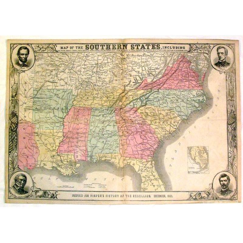 Map of the Southern States, Including Rail Roads, County Towns, State Capitals, County Roads, The Southern Coast From Delaware to Texas, Showing the Harbors, inlets, Forts and Position of Blockading Ships