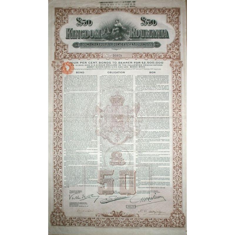 KINGDOM OF ROUMANIA £50 GOLD EXTERNAL LOAN 4% 1922 Bond.