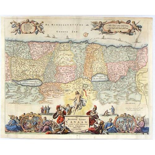 Old map image download for Het Beloofde Landt Canaan, Door Wandelt Onfen Salichmaecker Jesu Christo Neffens Fyne Apostelen.