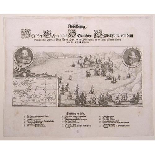 Old map image download for Abbildung welcher Gestalt die Spanischen Silberflotta von dem Hollaendischen General Peter Peters Hayn an der Insel Cuba in der Baya Matanca Anno 1628 erobert worden