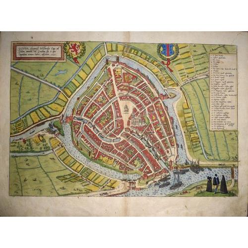 Old map image download for Gouda, elegantB. Hollandiae Opp. ad Isalam amnem, ubi Goudam flu. a' quo Oppidum nomen habet, absorbet. 1585 