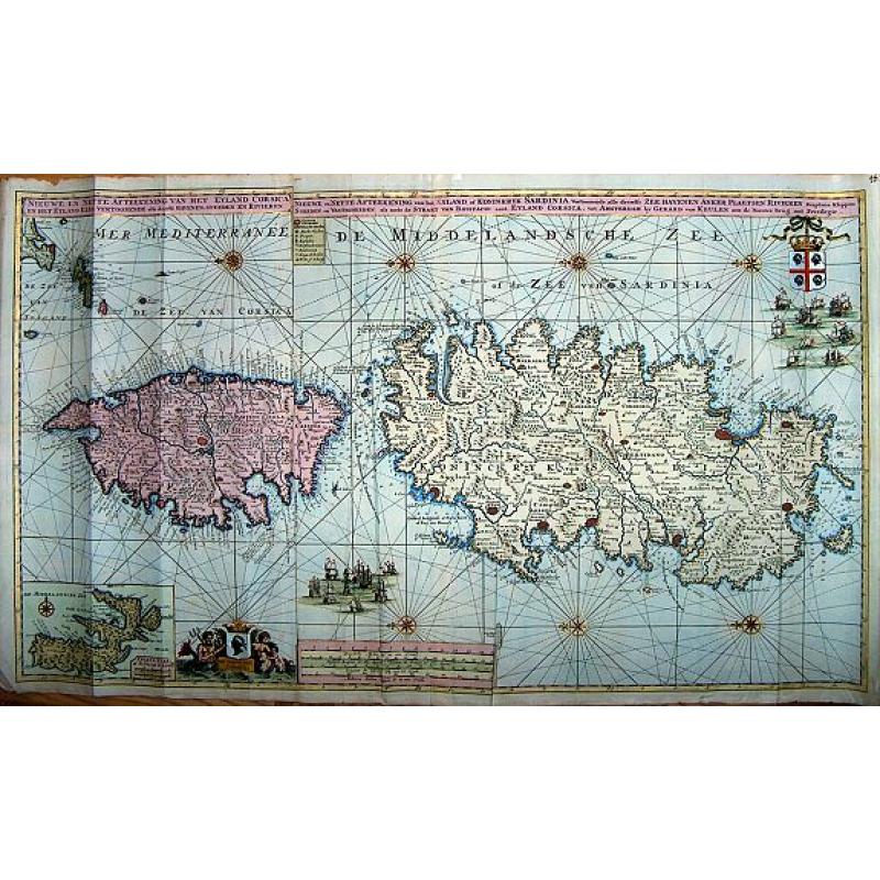 Nieuwe en Nette Afteekening van het Eyland Corsica en het Eyland Elba vertoonende alle desselfs Havenen, Steeden en Rivieren. Nieuwe en Nette Afteekening van het Eyland of Koninkryk Sardinia vertoonende alle desselfs Zee Havenen Anker Plaetsen Rivier ...