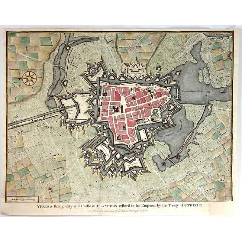 Old map image download for Ypres a Strong City and Castle in Flanders, Restored to the Emperor by the Treaty of Utrecht.