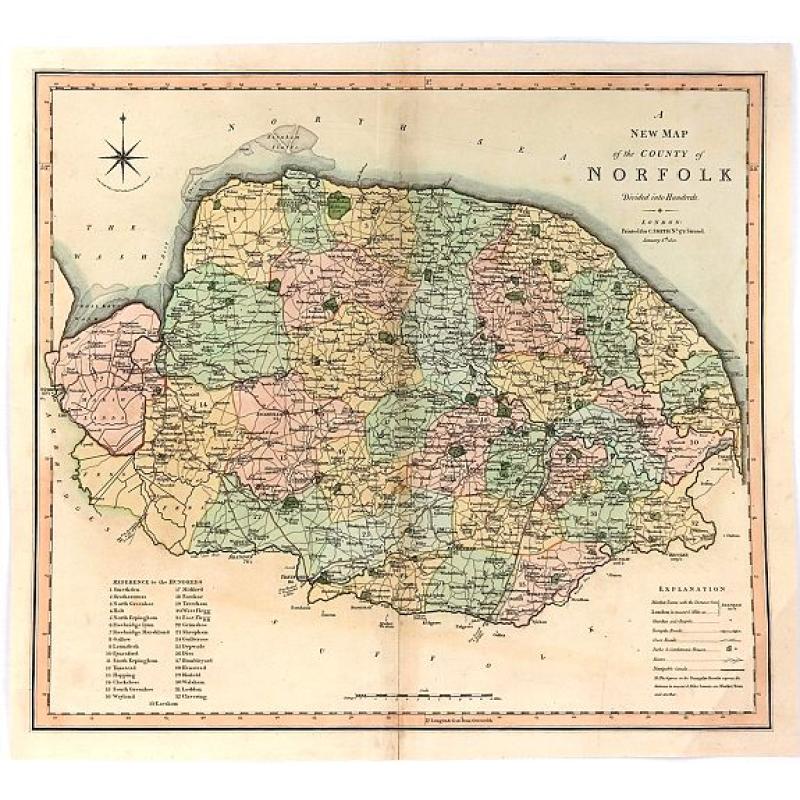 A New Map of the County of Norfolk Divided into Hundreds.