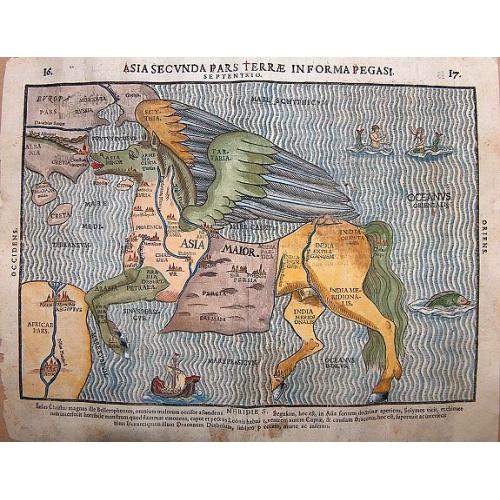 Old map image download for Asia secunda pars terrae in forma Pegasi. [Asia is presented as the mythical winged horse Pegasus.]